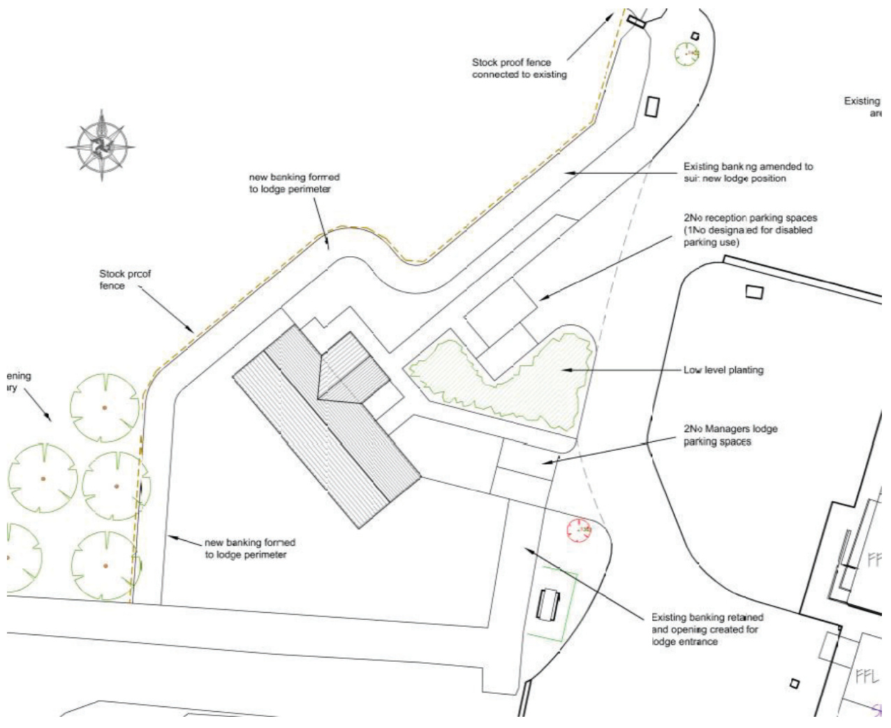 Site plan showing the layout for a proposed managers lodge, including parking spaces, fencing, and landscaping features.