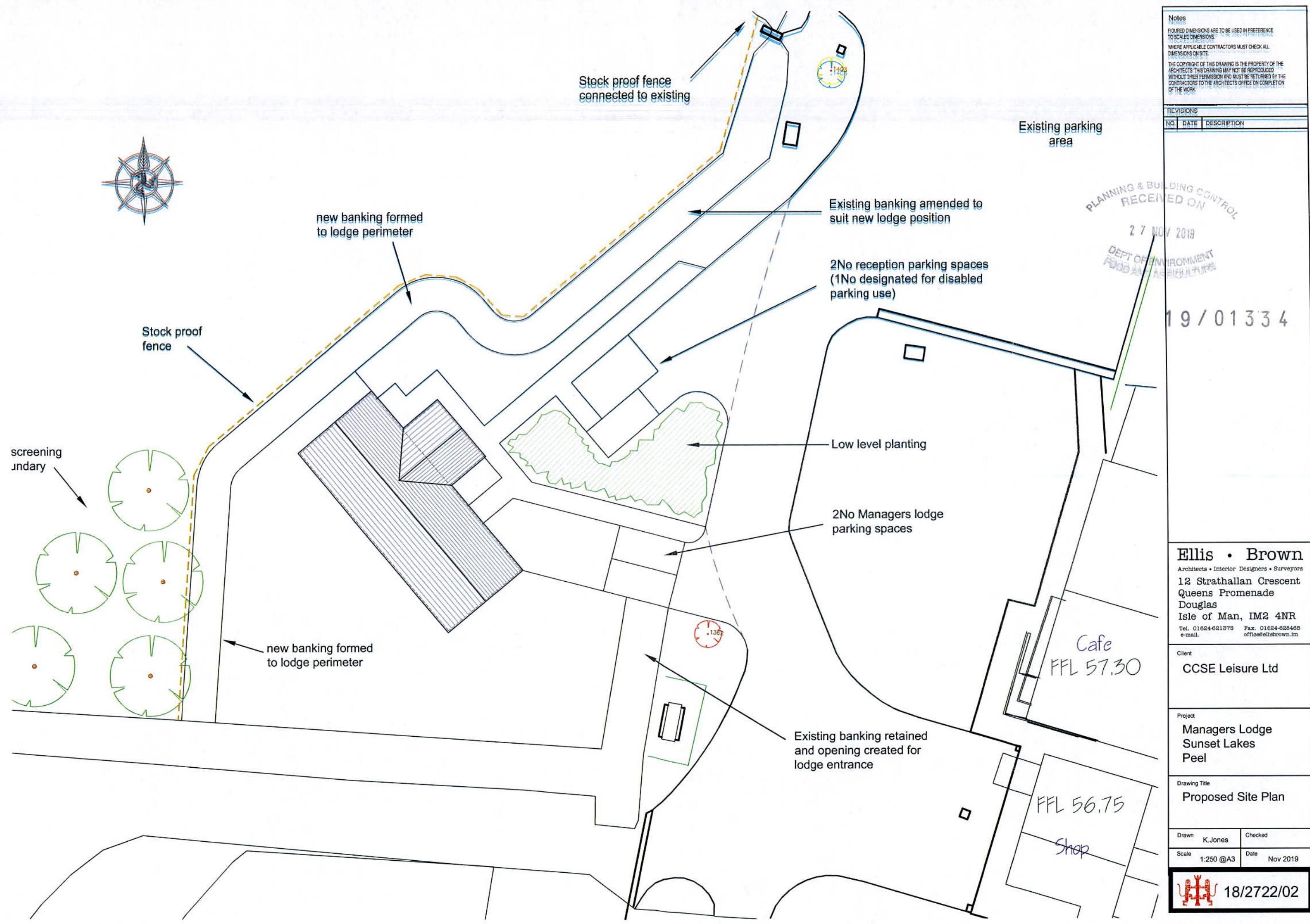 This is a proposed site plan for a Managers Lodge at Sunset Lakes, detailing the building footprint, parking areas, access points, and landscaping features like banking and fencing.