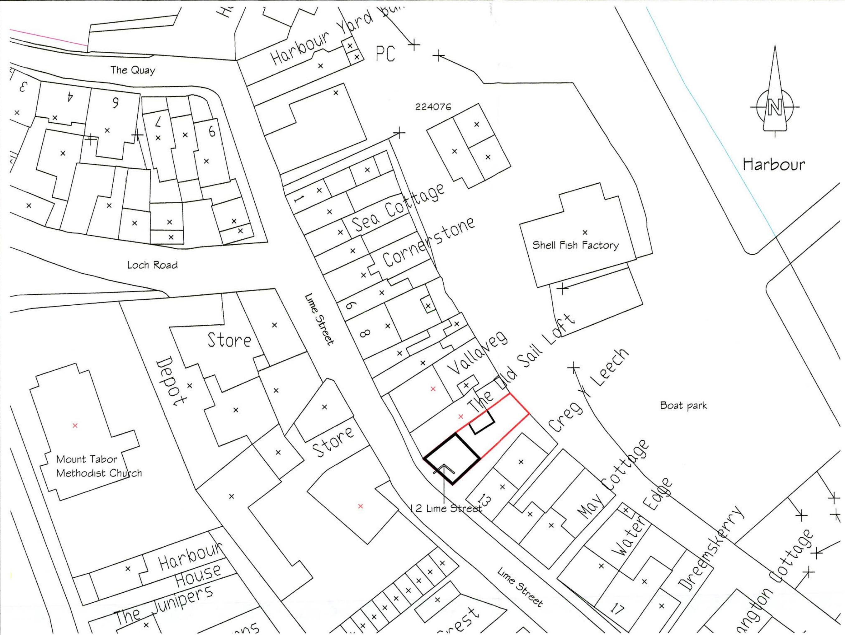 A black and white site location plan highlighting the property at 12 Lime Street with a red and black outline. The map displays surrounding streets, building footprints, and nearby landmarks such as a harbour and Shel...