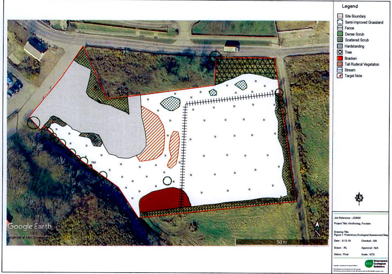 An aerial site plan overlaid with an ecological assessment map showing vegetation types, boundaries, and features like streams.