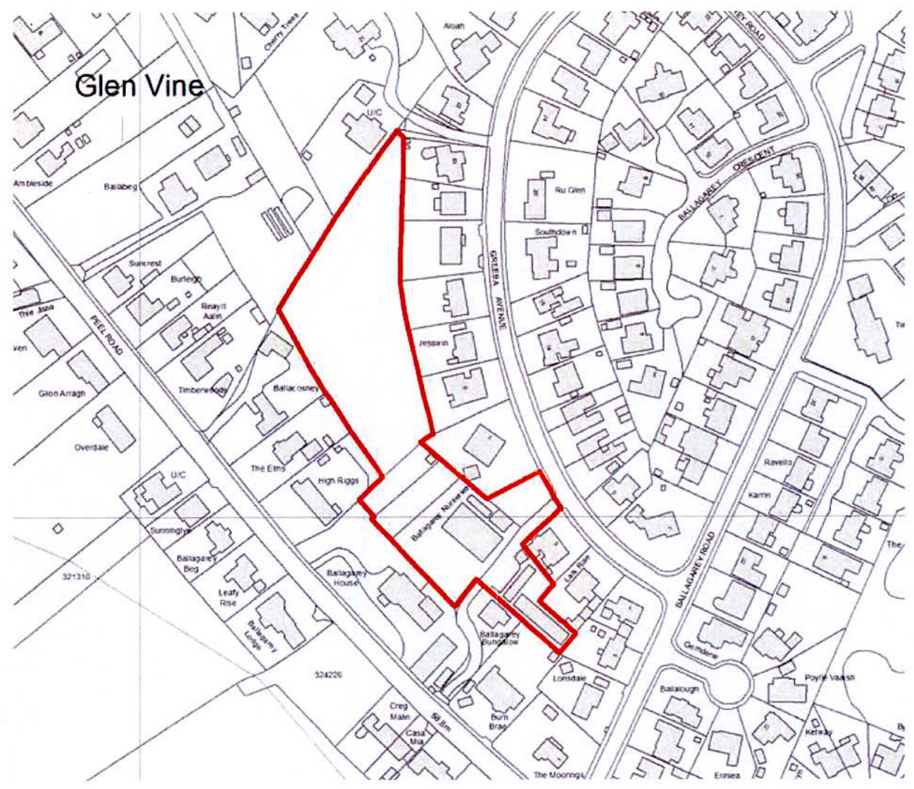 A site location map highlighting a specific plot of land with a red boundary line, situated near Glen Vine and Ballacry Road.