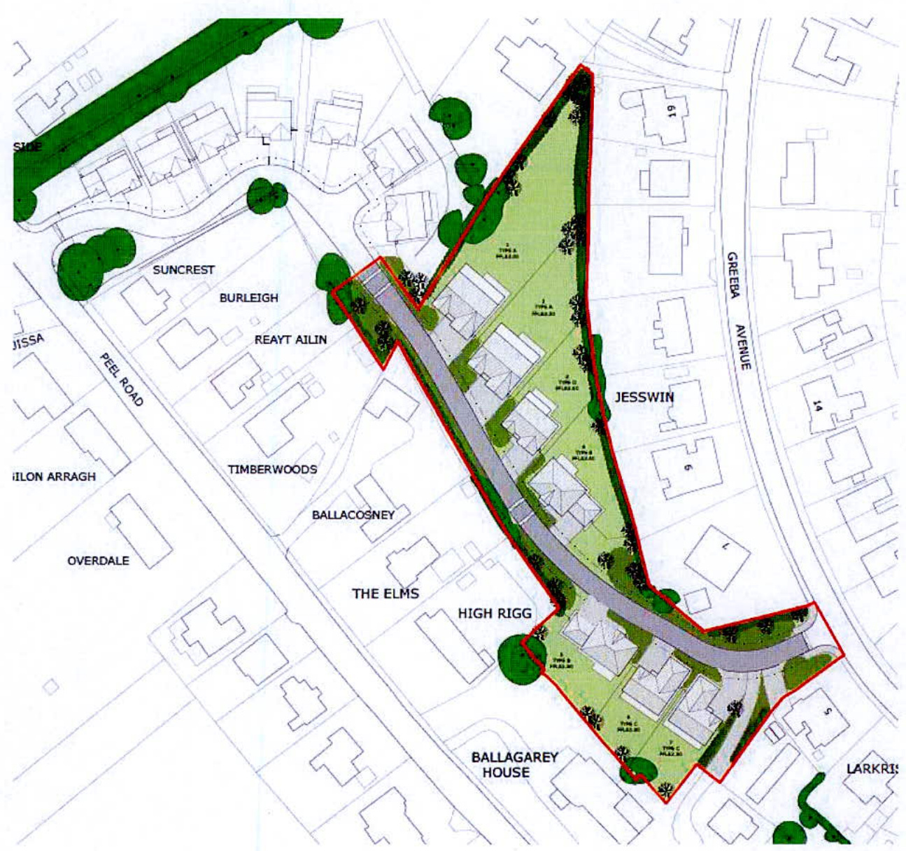 A site plan showing the proposed layout for seven new detached dwellings, including access roads, landscaping, and the red site boundary.