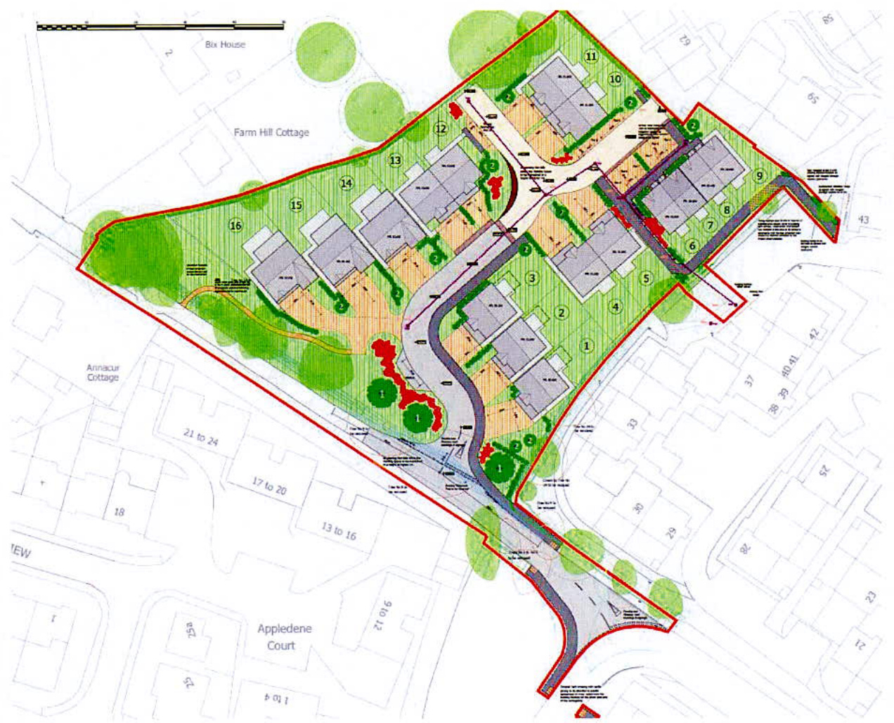A detailed site layout plan illustrating the proposed arrangement of 16 new residential dwellings, roads, and landscaping within a defined boundary.