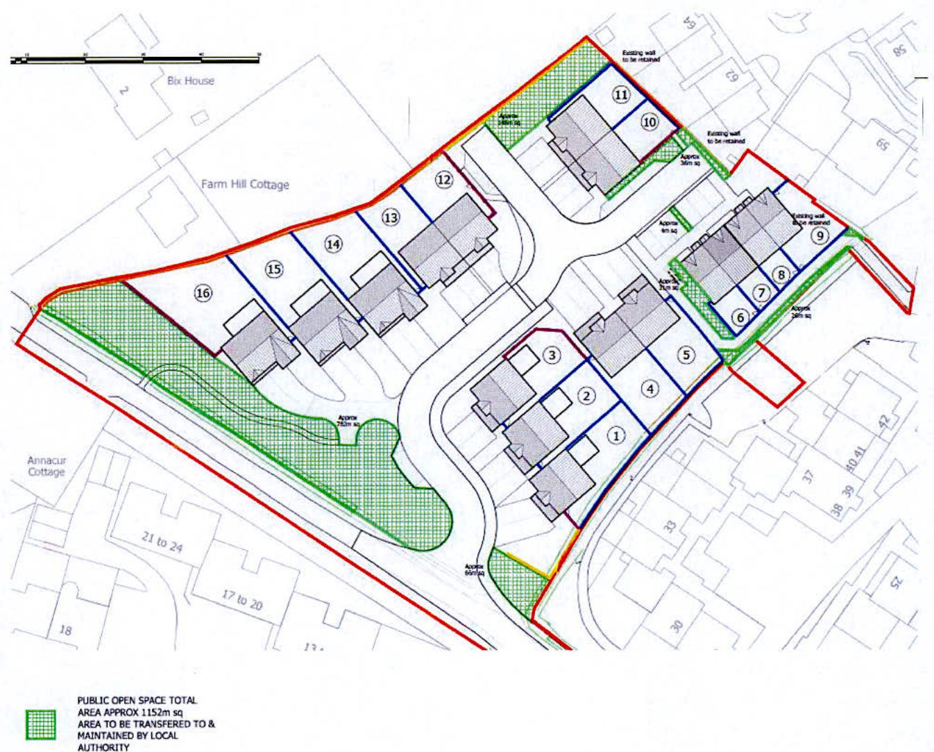 This image displays a site layout plan for a proposed housing development featuring 16 numbered plots. It illustrates the arrangement of new dwellings, access roads, and designated public open spaces relative to exist...