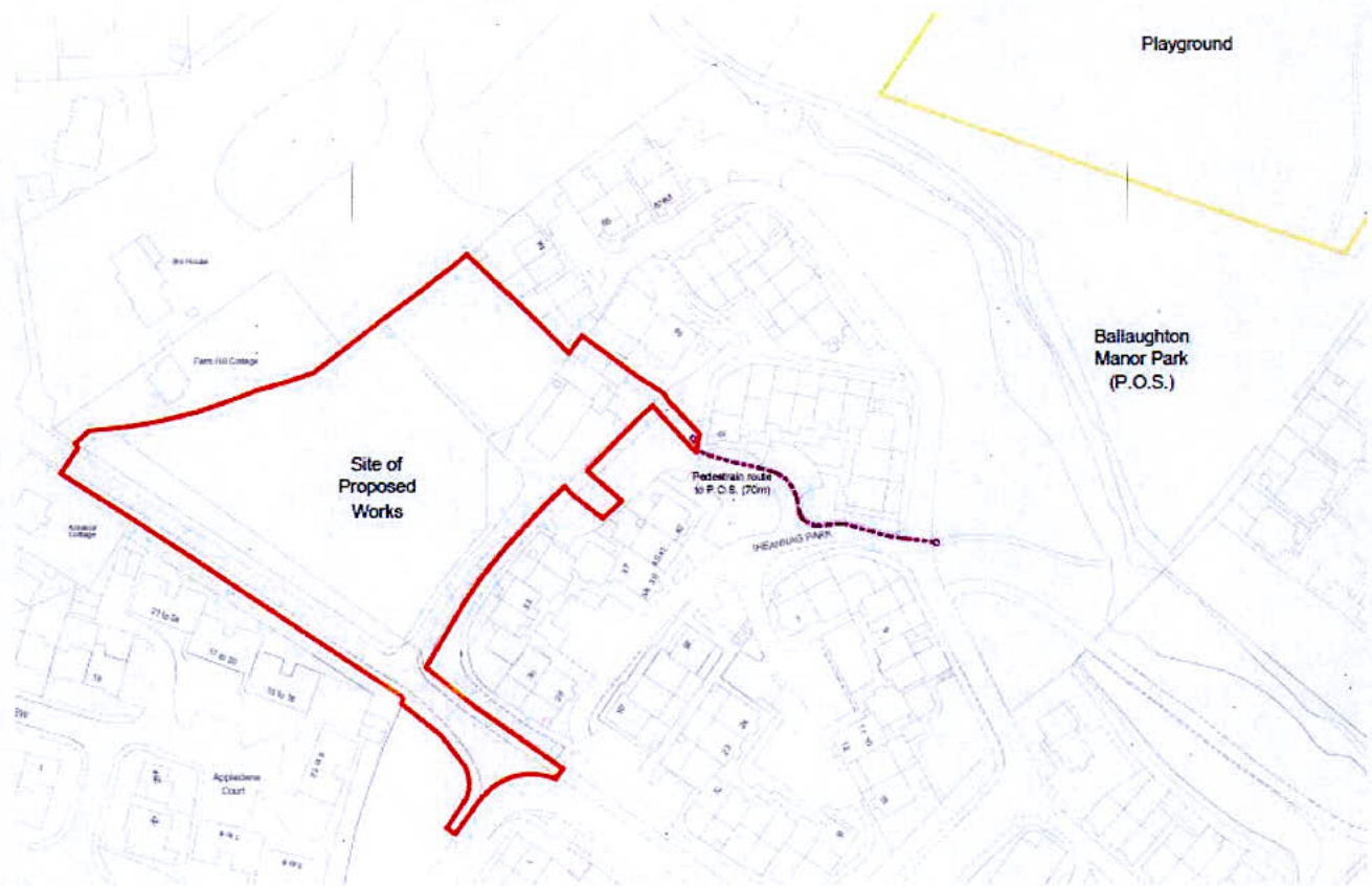 This image shows a site plan with a red outline marking the 'Site of Proposed Works' and its relation to surrounding features like Ballaughton Manor Park.