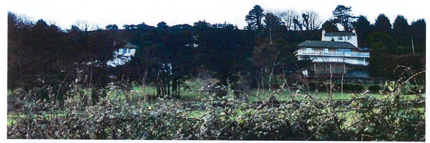 A photograph showing a rural landscape with existing residential buildings nestled among trees and vegetation.