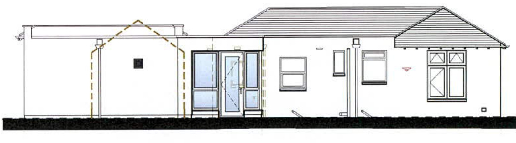 Architectural elevation drawing showing a single-story house with a proposed side extension indicated by dashed lines.