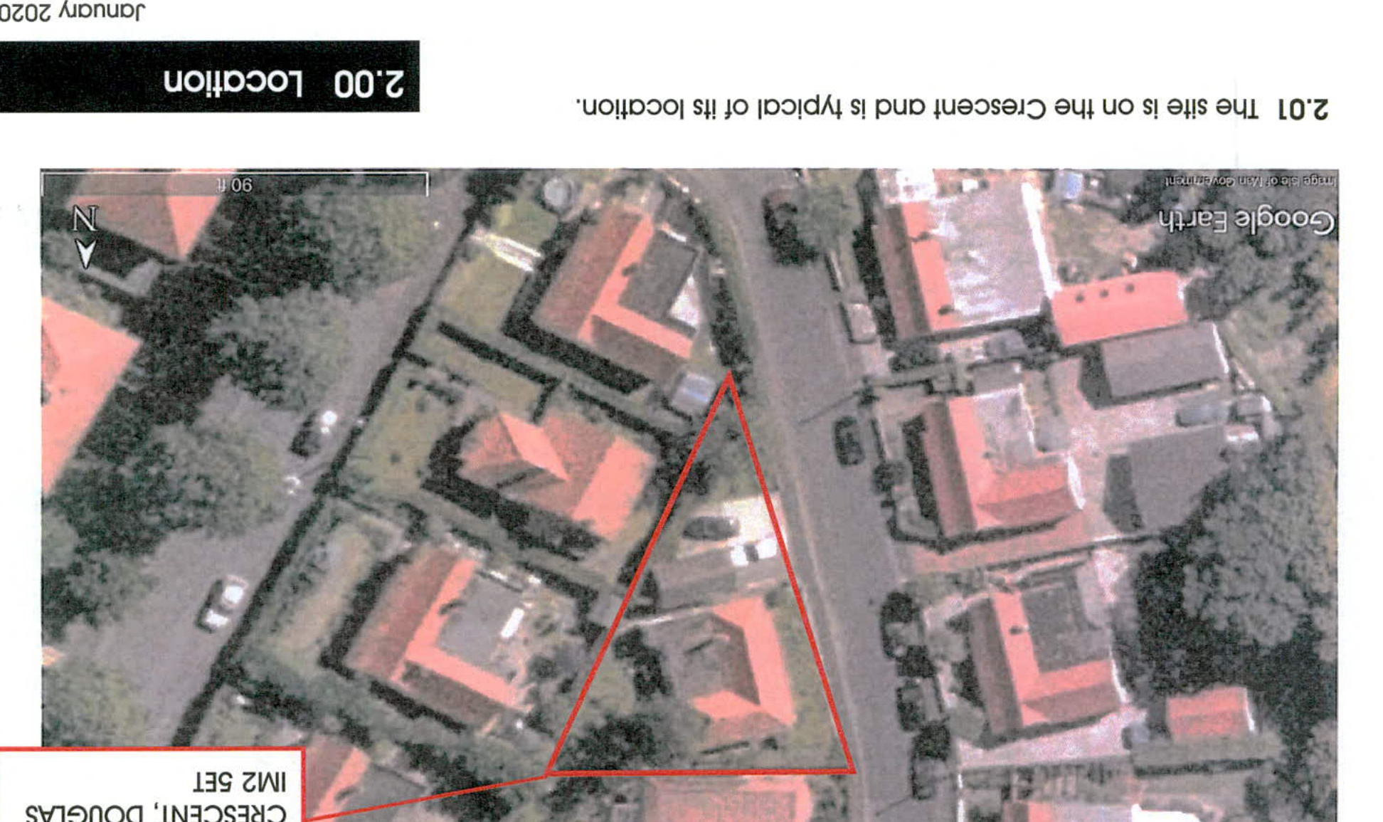 An aerial Google Earth view of a residential street highlighting a specific property with a red triangle outline, serving as a location map.