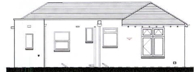 Architectural elevation drawing showing a single-story building with a pitched roof and windows.
