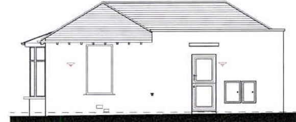Architectural elevation drawing showing a single-story detached house with a pitched roof and a porch extension on the left side.