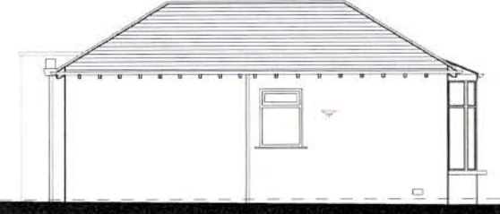 Architectural elevation drawing showing the side view of a single-storey building with a pitched roof, window, and a side extension structure.