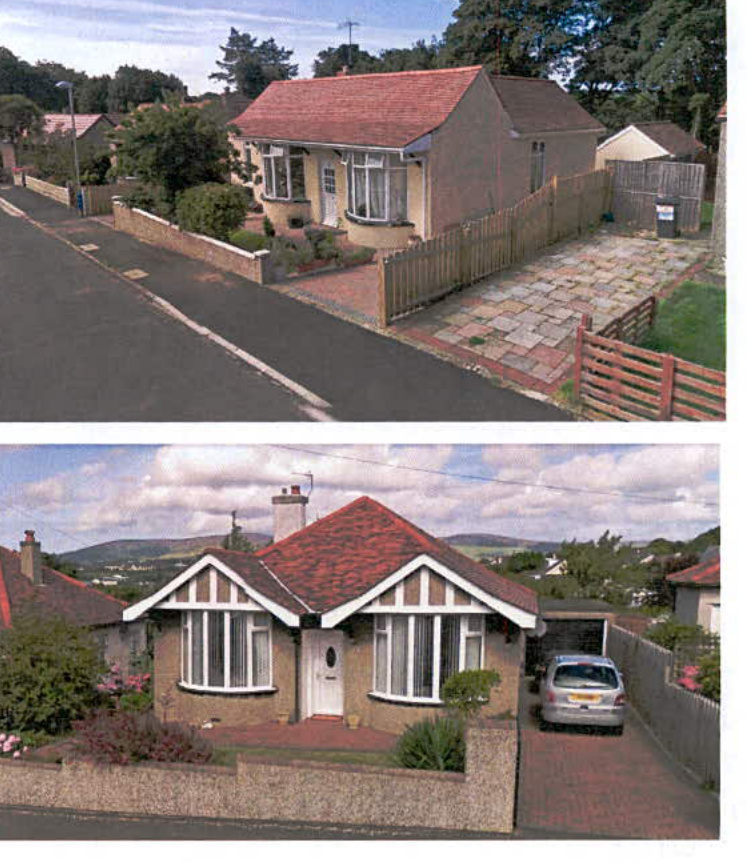 A composite image displaying a photograph of the existing bungalow side elevation and a 3D rendering of the proposed front elevation.