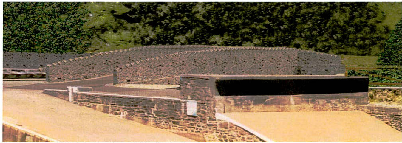 A perspective view of a stone bridge and retaining wall structure with paved access, likely a rendering of the proposed vehicle access and landscaping for the sewage treatment works.