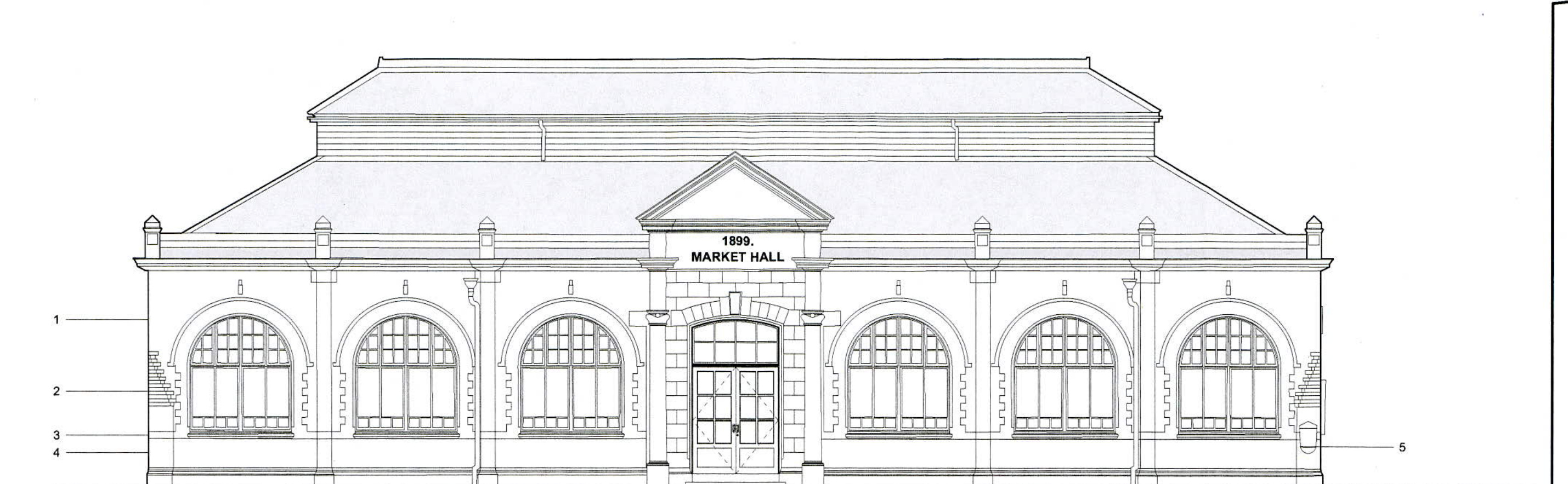 Architectural elevation drawing of a building labeled '1899 Market Hall' featuring arched windows and numbered construction callouts.