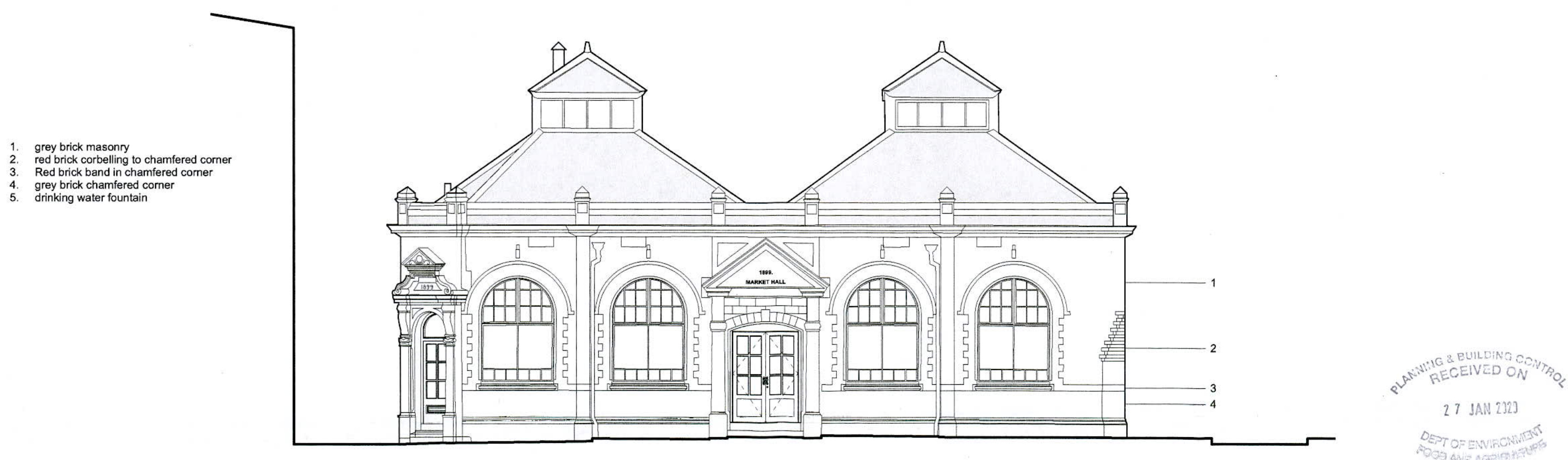 Architectural elevation drawing of a historic building facade with numbered material callouts and a planning stamp.