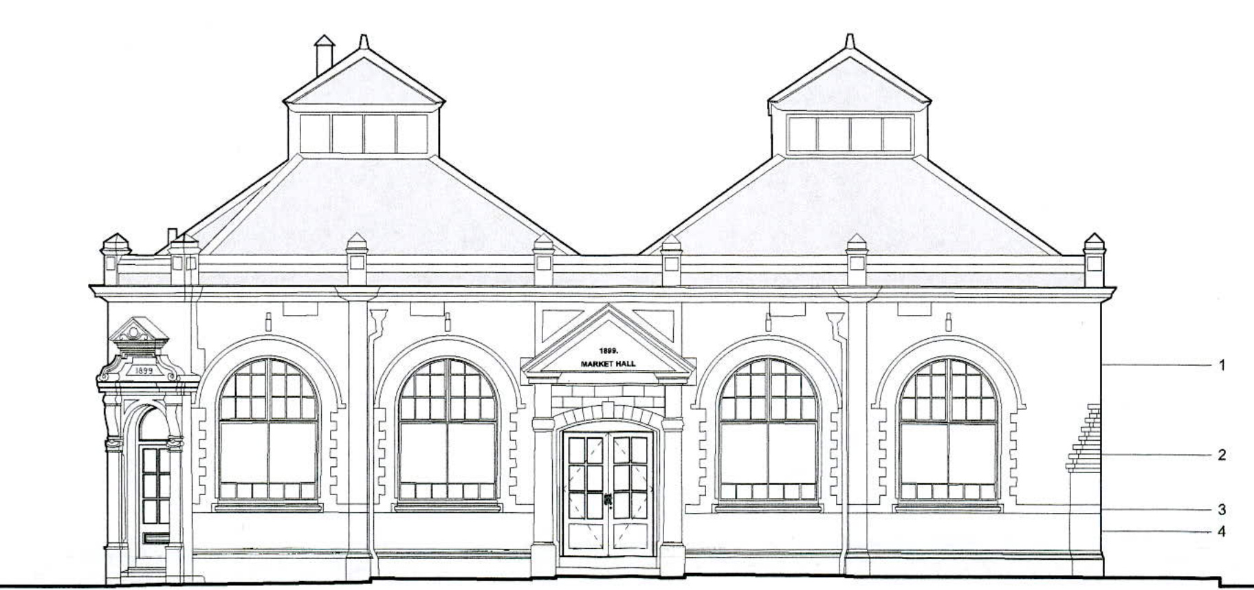 Architectural elevation drawing of a historic building labeled '1869 Market Hall' showing the front facade with arched windows and roof details.