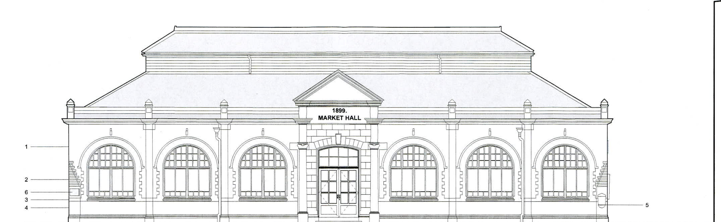 Architectural elevation drawing of a historic building labeled '1892 Market Hall' with numbered detail callouts.