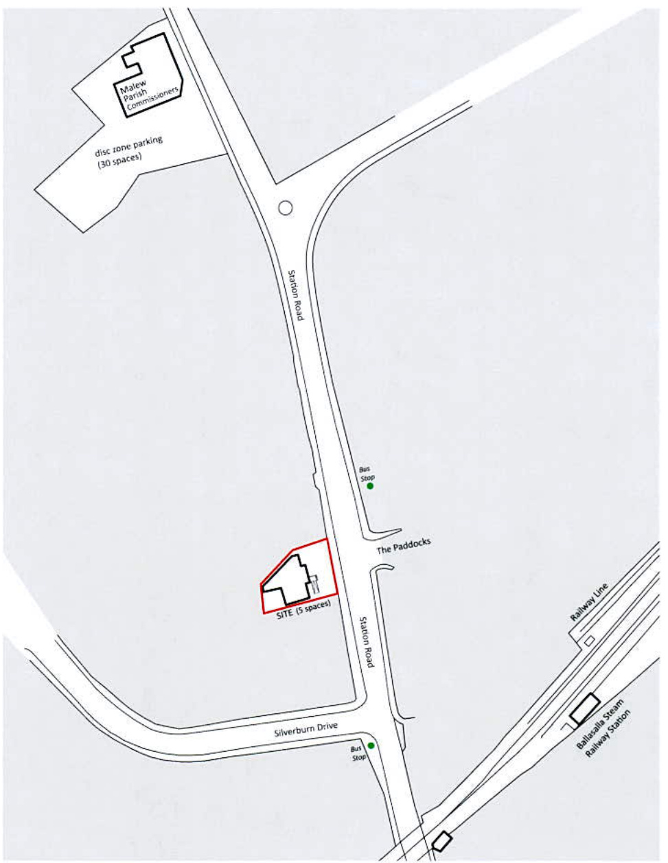 A site location plan showing the proposed development site outlined in red on Station Road, highlighting parking provisions and nearby landmarks like the railway station.