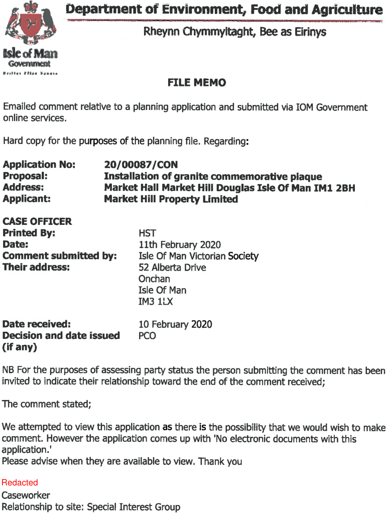 A file memo from the Isle of Man Government detailing application 20/00087/CON for a granite plaque at Market Hall, including applicant and address information.