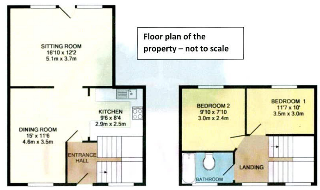 The image displays a floor plan of a residential property, detailing room layouts and dimensions for the ground and first floors.