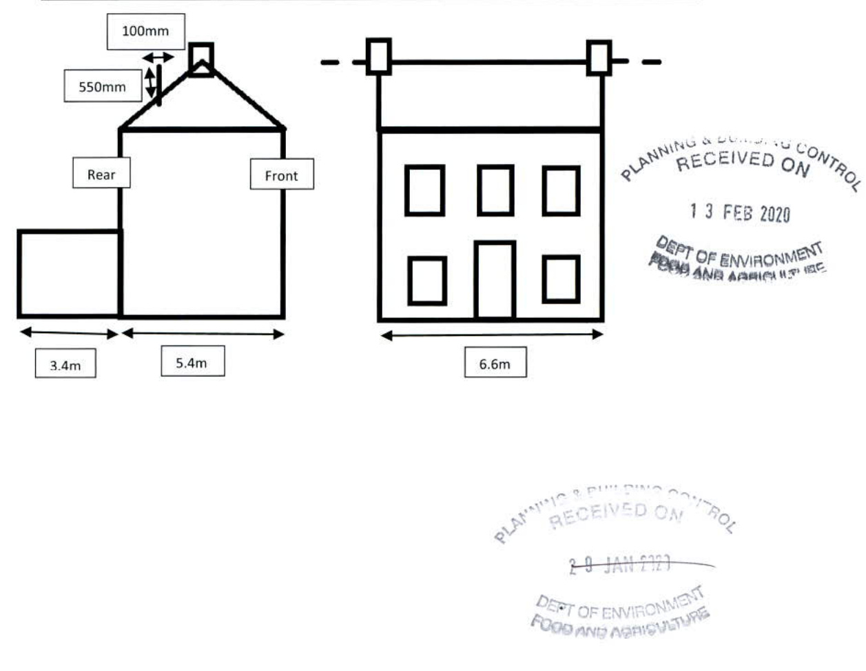 Architectural elevations showing front and side views of a building with dimensions and planning stamps.