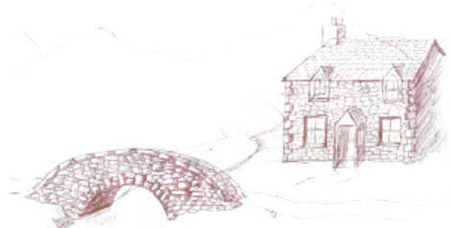 A sketch depicting a stone house and a stone bridge, likely showing the site context or surroundings.