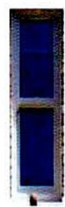 A close-up photograph showing a vertical window frame with two dark blue panes.