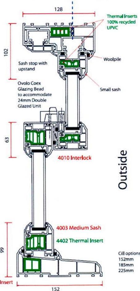 A technical cross-section drawing of a UPVC window frame profile showing thermal inserts, glazing beads, and interlock details with dimensions.