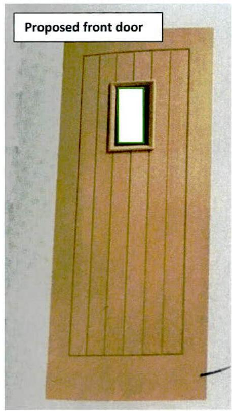 A scanned document page displaying a design sketch of a proposed wooden front door with vertical paneling and a central rectangular window.
