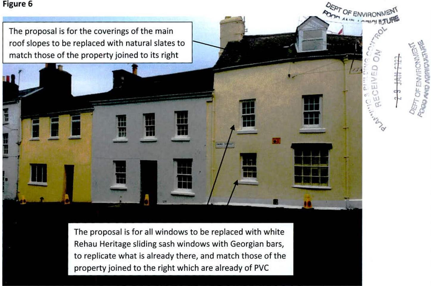 An annotated photograph showing a row of terraced houses, highlighting proposals for roof slate replacement and window upgrades.