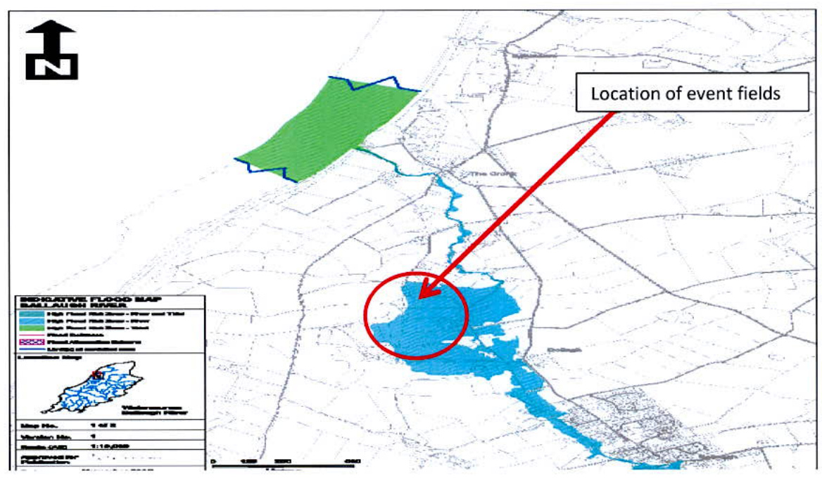 A site location map displaying flood risk zones for the Ballaugh River, with a red circle and arrow indicating the specific location of the event fields.