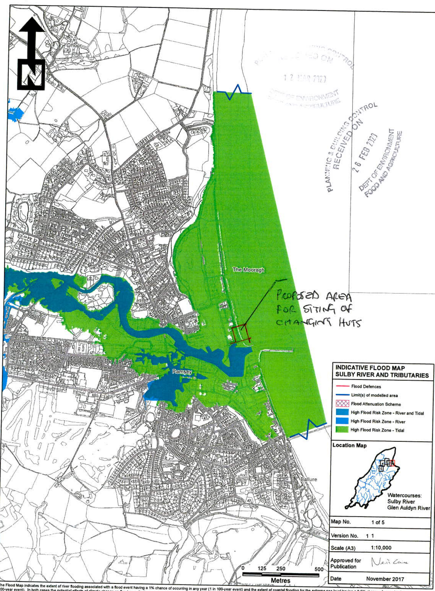 This document is an indicative flood risk map for the Sulby River area, highlighting high-risk zones in green and blue. A handwritten annotation indicates the proposed location for the changing huts within the tidal f...