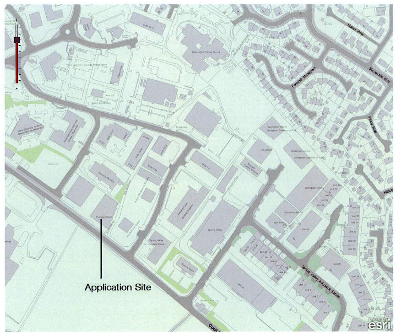 A site location map showing the Spring Valley Industrial Estate with the application site clearly marked and surrounded by roads and other buildings.