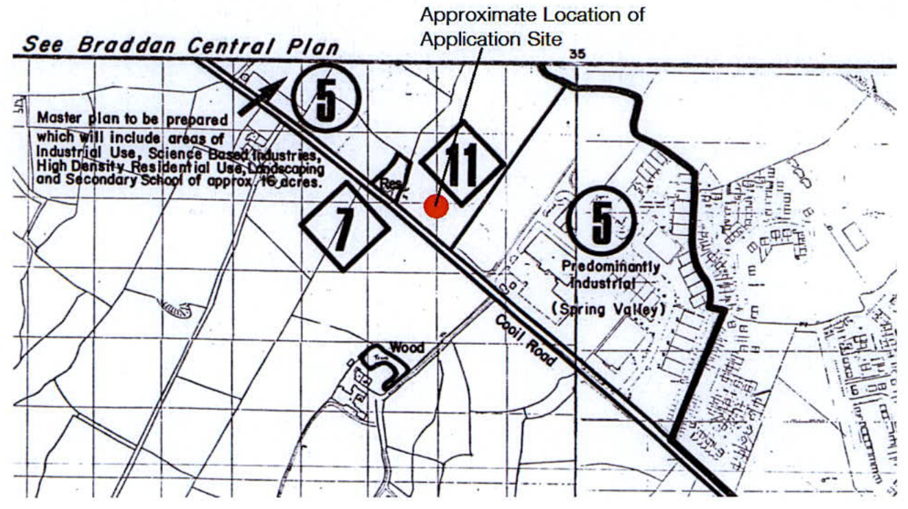 A black and white planning policy map showing zoning designations for industrial and residential areas, with a red dot marking the application site location near Cool Road.