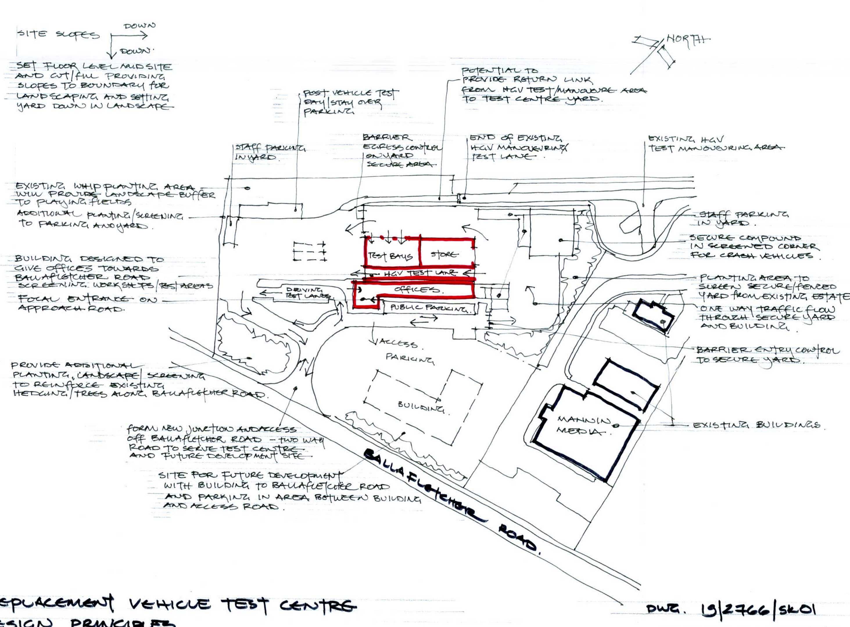 A hand-drawn sketch showing the site layout for a vehicle testing facility, detailing parking areas, access points, and building positions.