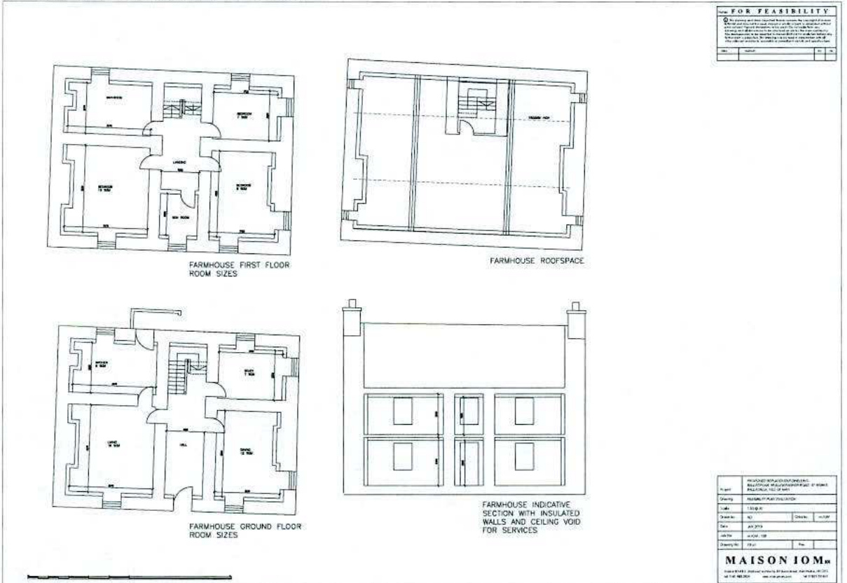Architectural drawings displaying floor plans for the ground floor, first floor, and roofspace of a farmhouse, alongside an indicative cross-section.