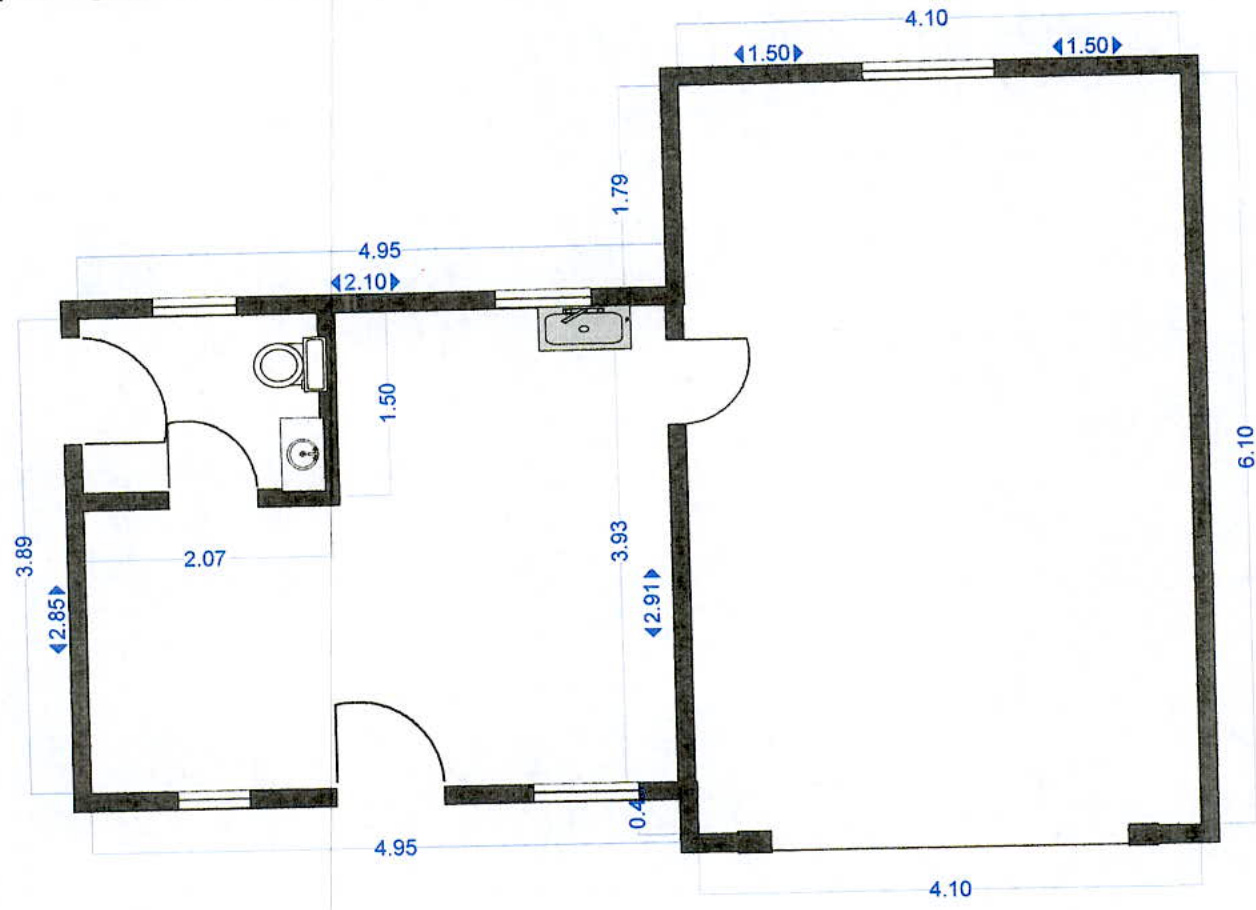 A technical floor plan showing the layout of a room with dimensions and sanitary fixtures like a toilet, sink, and bathtub.