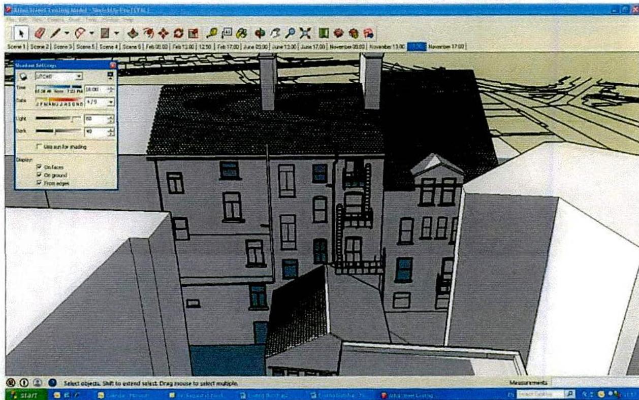 A screenshot of architectural modeling software displaying a 3D digital model of a terraced residential building with a sunlight settings dialog box open.