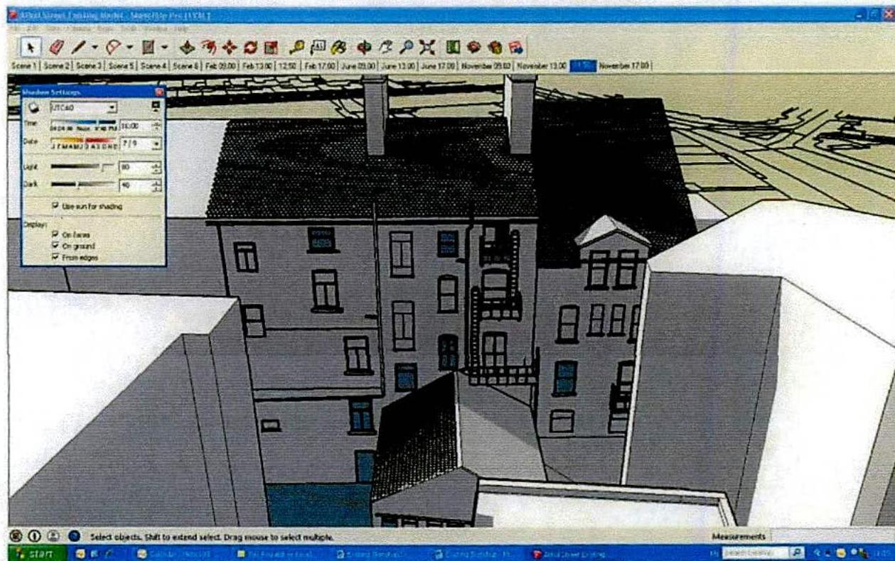 A screenshot of a 3D architectural modeling software interface displaying a rendered view of a multi-story terraced residential building.