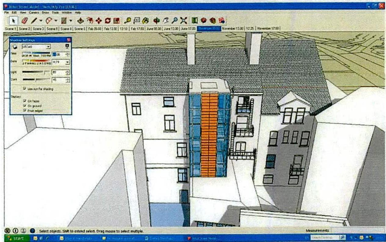 A screenshot of architectural software displaying a 3D model of a side extension on a terraced house.