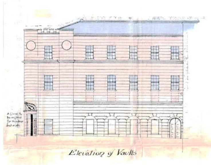 An architectural elevation drawing of a multi-story building facade showing windows, doors, and roof details, labeled 'Elevation of Vaults'.