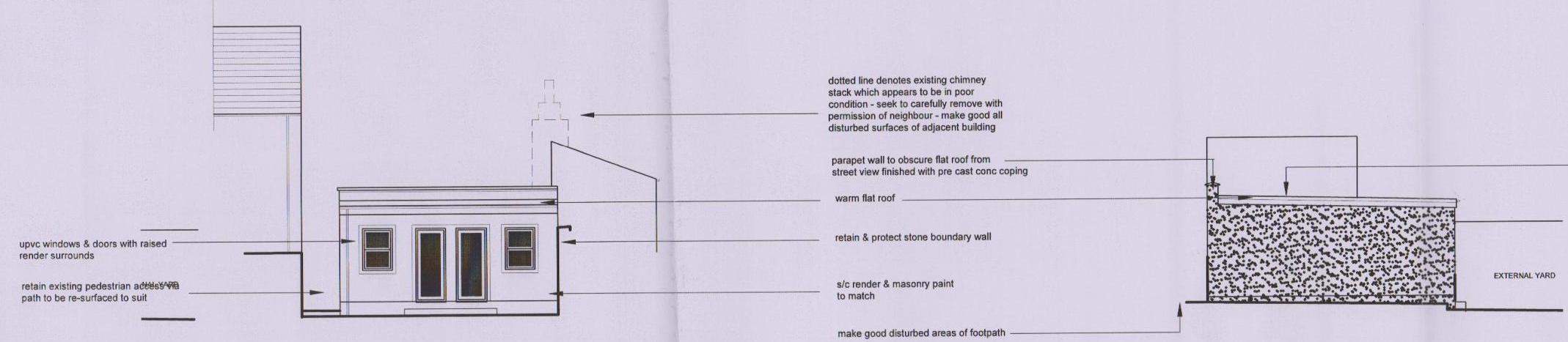 Architectural elevation drawing showing building details, roof structure, and boundary wall retention with technical annotations.
