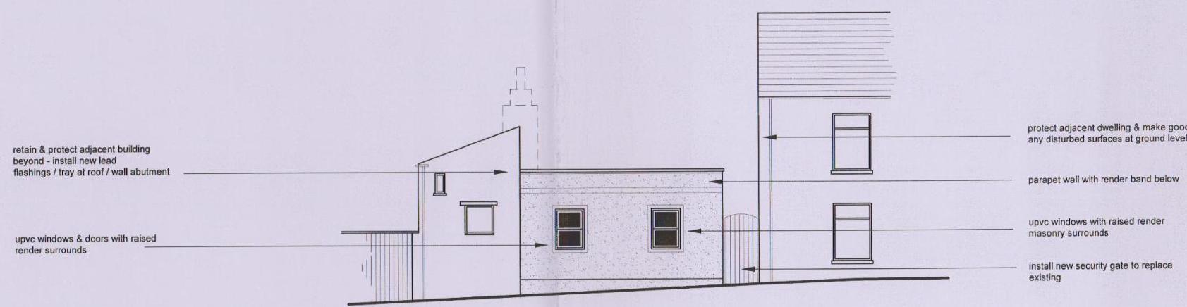 An architectural section drawing detailing construction specifications for a registered building, including window types, flashing details, and parapet walls.