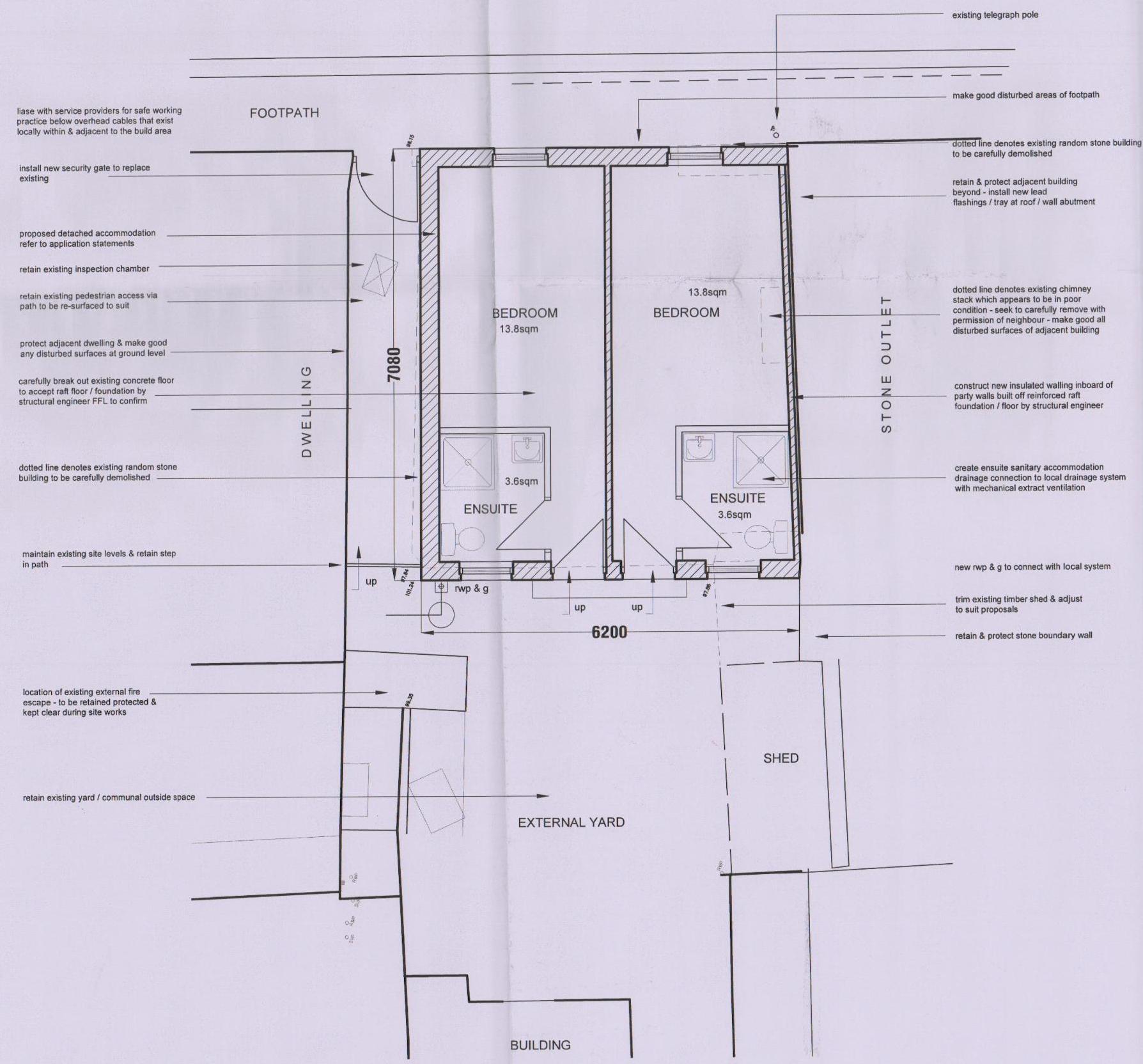 This image displays an architectural floor plan detailing the layout of a stone building with two bedrooms and ensuites, accompanied by extensive annotations regarding demolition and construction works.