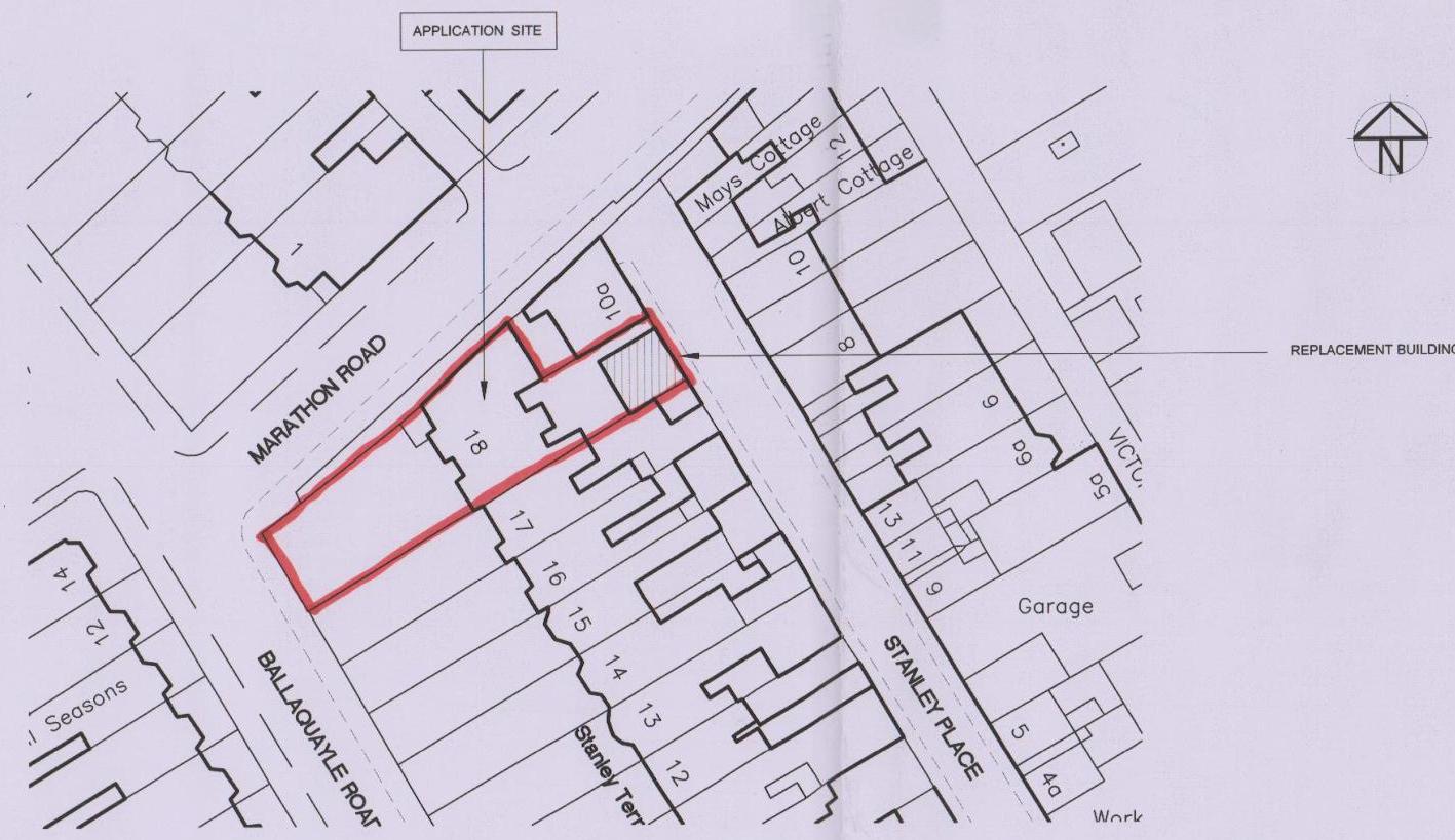 A site plan showing the application site outlined in red on Marathon Road, surrounded by neighboring properties and roads.