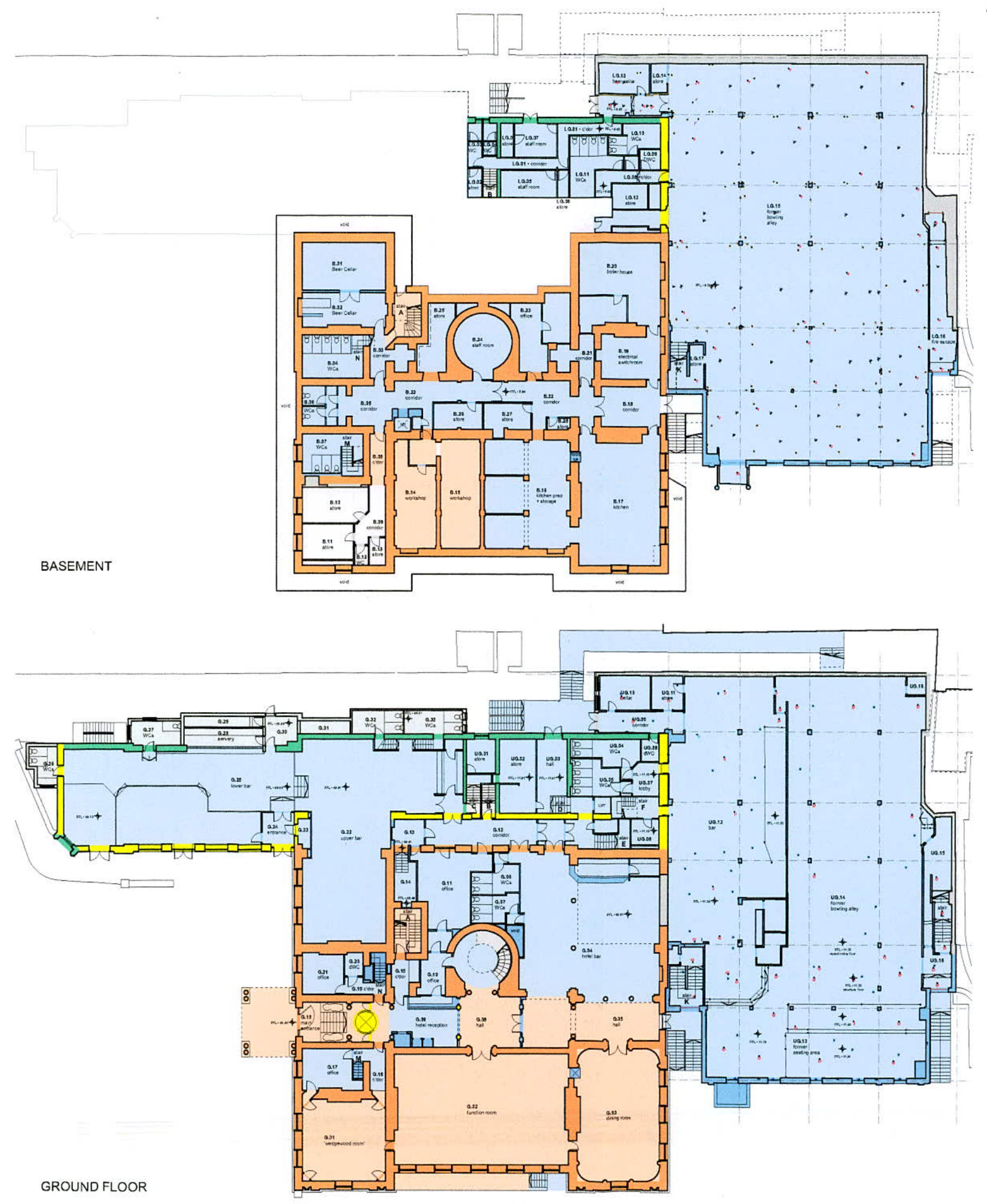 Architectural floor plans displaying the basement and ground floor layouts with color-coded room designations and structural details.