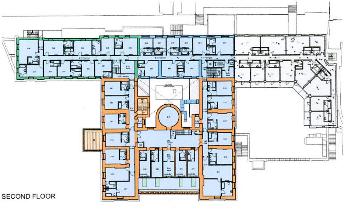 This image displays a detailed architectural floor plan labeled 'SECOND FLOOR', featuring a complex layout of rooms and corridors with specific areas highlighted in green and orange.