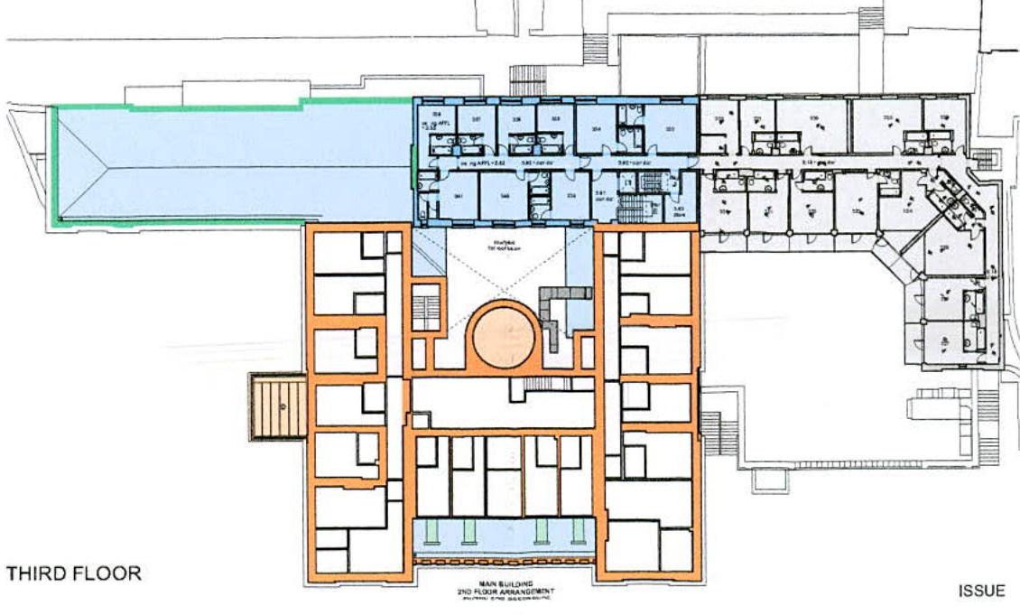 Architectural floor plan labeled 'Third Floor' showing room layouts and colored zones, likely indicating proposed alterations or existing structures.