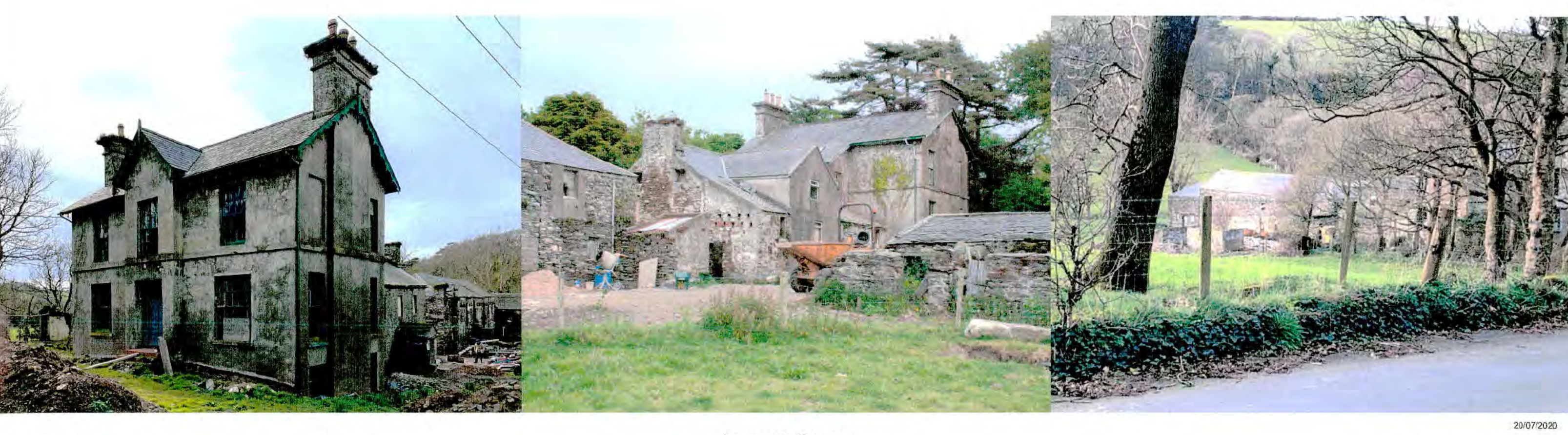 A panoramic photograph displaying the existing stone property, including the main house and adjacent structures, alongside the surrounding rural roadside setting.