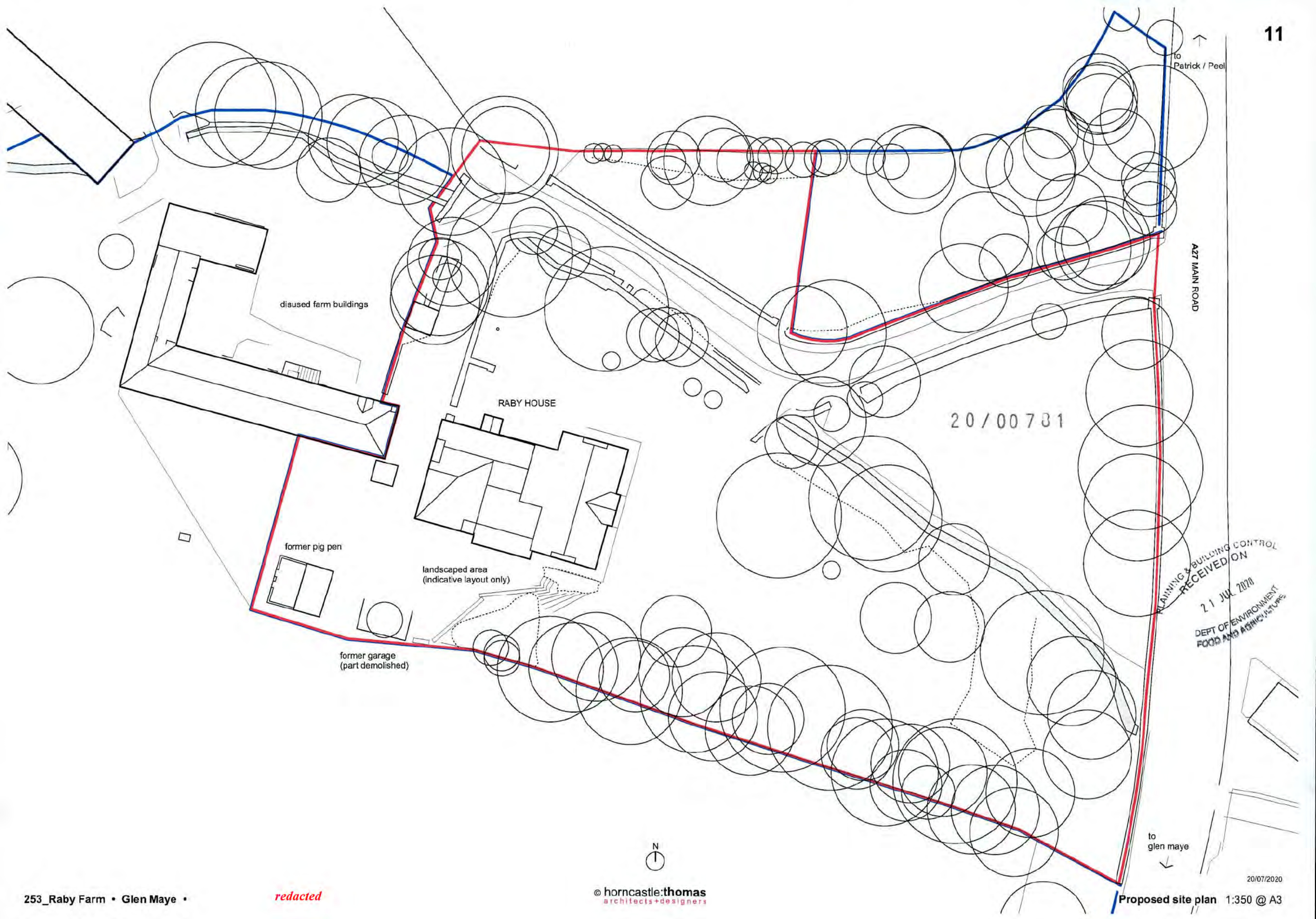 A proposed site plan showing the layout of Raby Farm, including existing buildings like Raby House and disused farm buildings, along with tree locations and boundary lines.